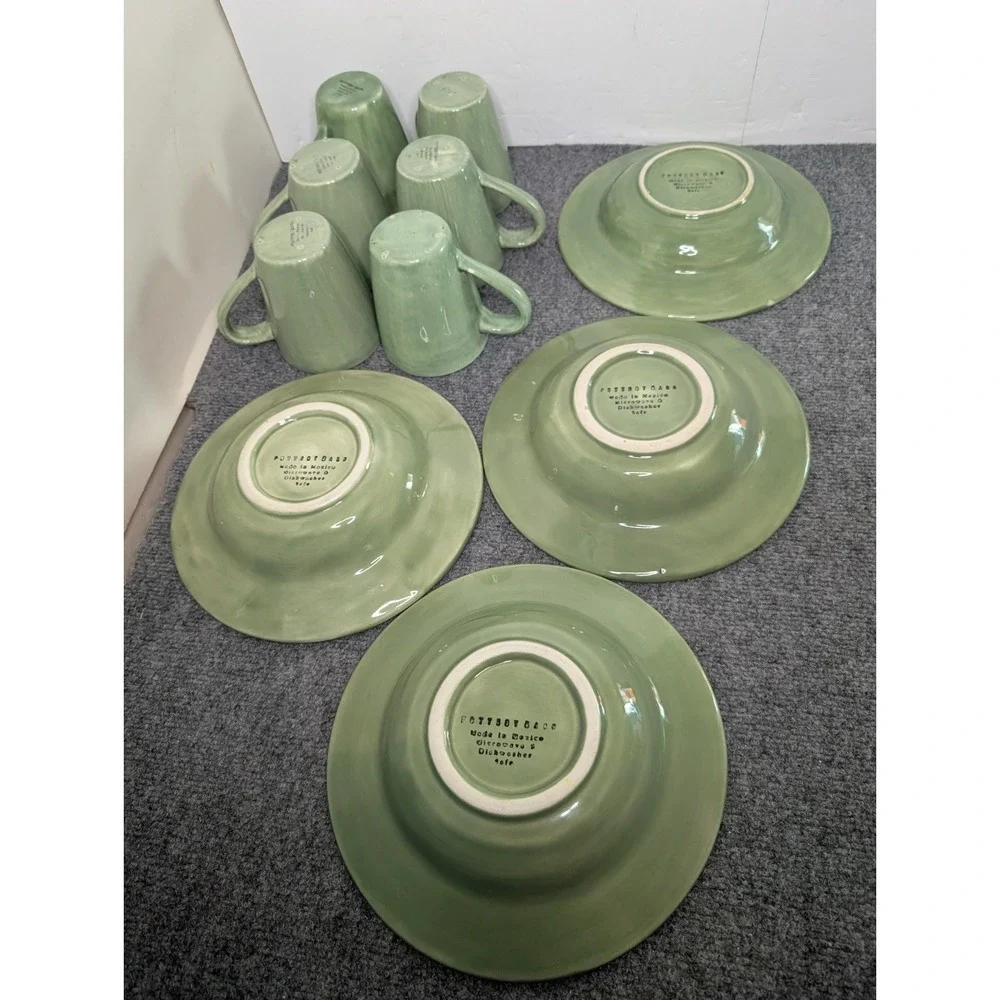 Lot Of Pottery Barn Sausalito Green Sage Cups‎ - 6 & Wide Rim Bowls - 4 READ
